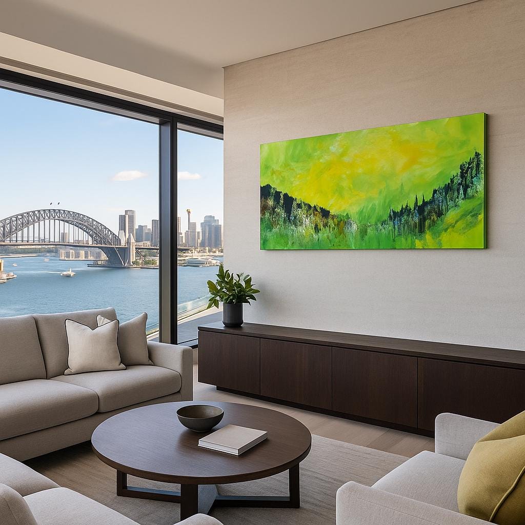 Modern living room with a large abstract painting, sofa, and coffee table.