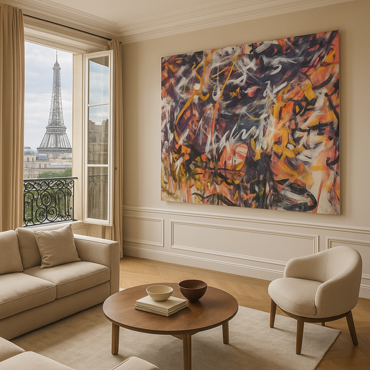 Living room with a view of the Eiffel Tower, featuring a colorful abstract painting and a wooden coffee table.