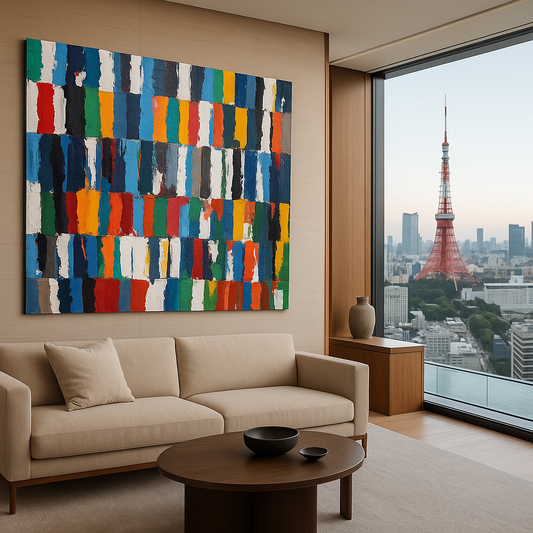 Modern living room with a colorful abstract painting, beige sofa, and view of Tokyo Tower.