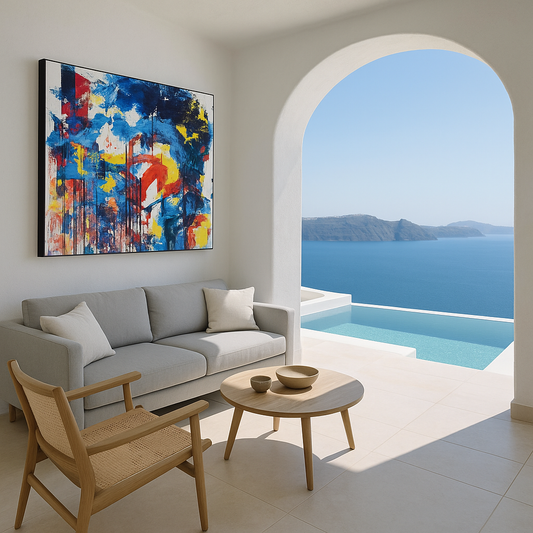 Modern living room with a colorful abstract painting, gray sofa, wooden armchair, and coffee table with a scenic view of a pool and mountains.
