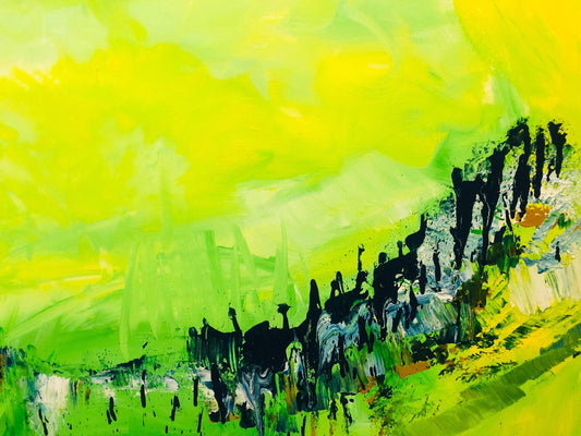 Abstract painting with black and white shapes on a green background