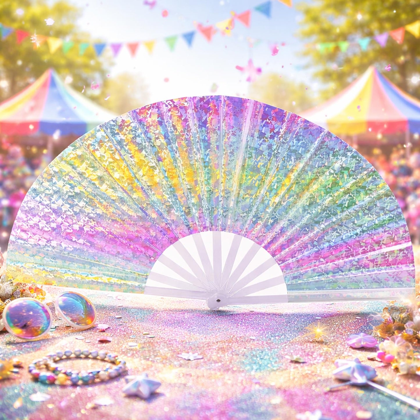 Holographic Rainbow Folding Hand Fan