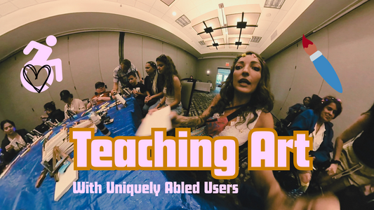 Group of people in a classroom setting with text overlay 'Teaching Art With Uniquely Abled Users'.