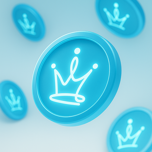 Blue circular objects with white crown symbols on a light blue background