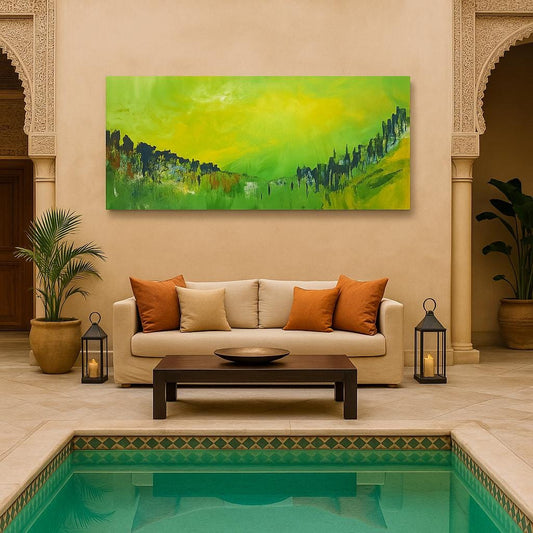 Living room with a beige sofa, coffee table, and decorative painting on a beige wall.