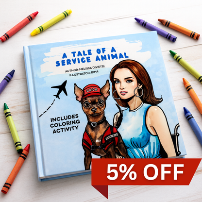 Book titled 'A Tale of a Service Animal' with a woman and dog illustration, surrounded by crayons on a light surface.