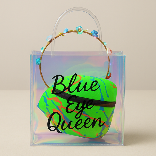 Clear bag with green and blue decorative item labeled 'Blue Eye Queen' on a beige background