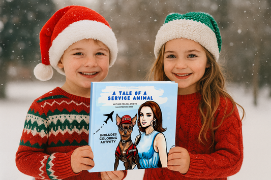 Two children holding a book titled 'A Tale of a Service Animal' in a snowy setting.
