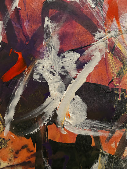 Abstract painting with a mix of red, black, white, and orange colors.