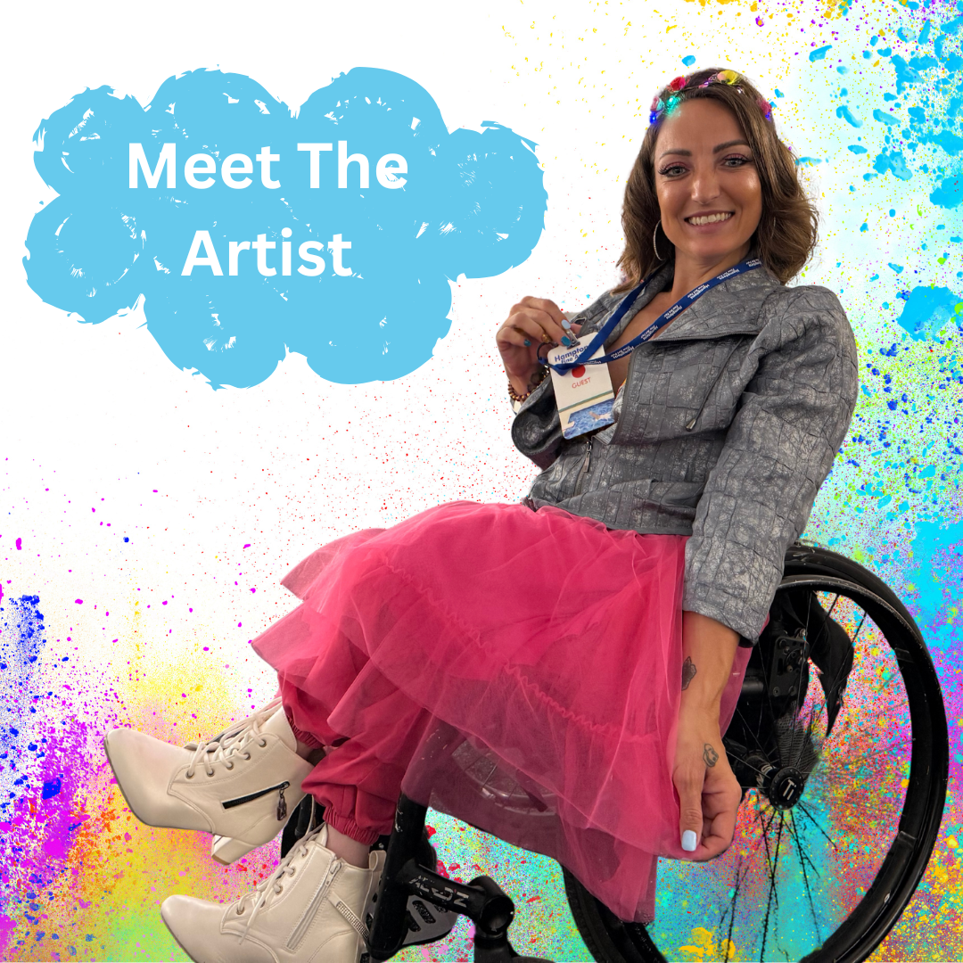 Woman in a wheelchair with colorful background and 'Meet The Artist' text