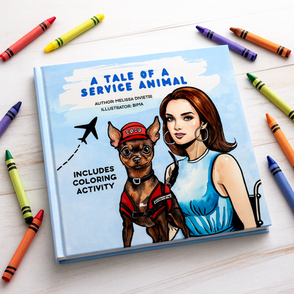 Book titled 'A Tale of a Service Animal' with illustrations of a woman and a dog, surrounded by crayons on a light wooden surface.