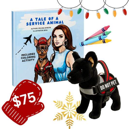 Book titled 'A Tale of a Service Animal' with a plush dog toy and crayons on a white background.