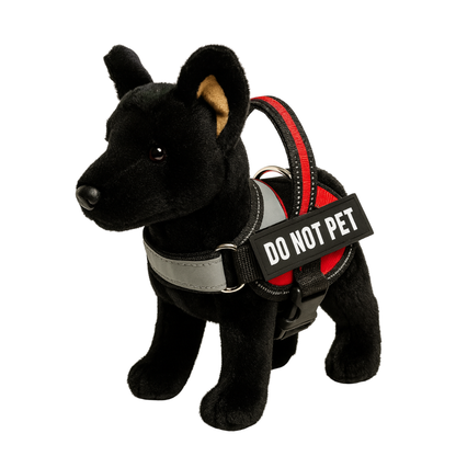 Black plush dog toy with a 'Do Not Pet' sign on a white background