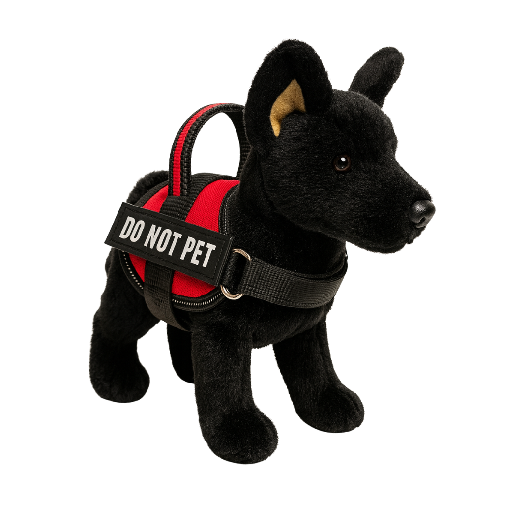 Black plush dog toy with a red and black harness labeled 'Do Not Pet' on a white background