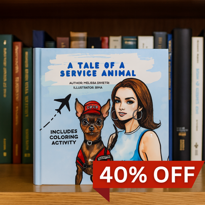 Book titled 'A Tale of a Service Animal' with a discount banner on a bookshelf background